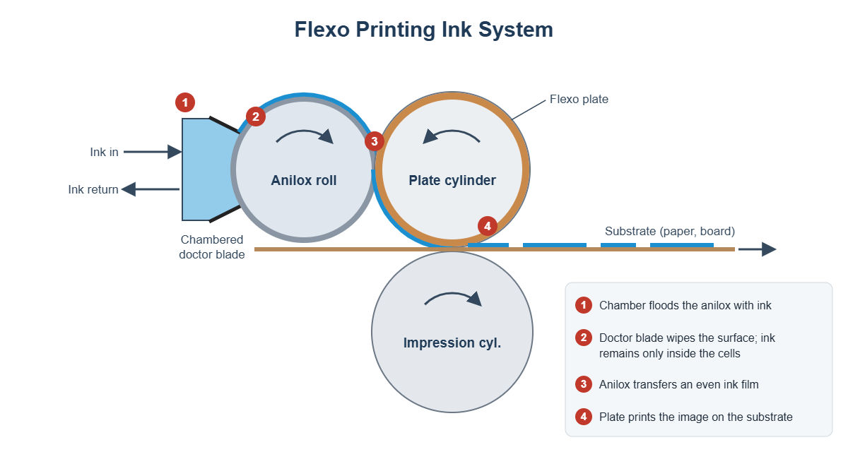 Flexo printing ink system with chambered doctor blade and anilox roll