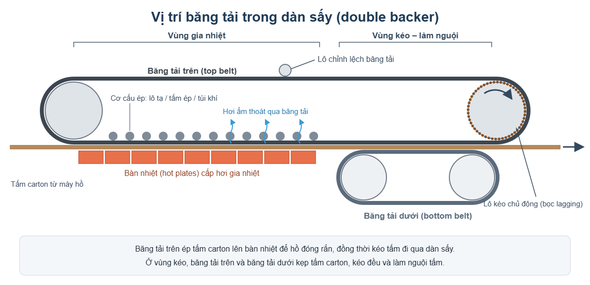 Vị trí băng tải trên và băng tải dưới trong dàn sấy double backer của dây chuyền sóng